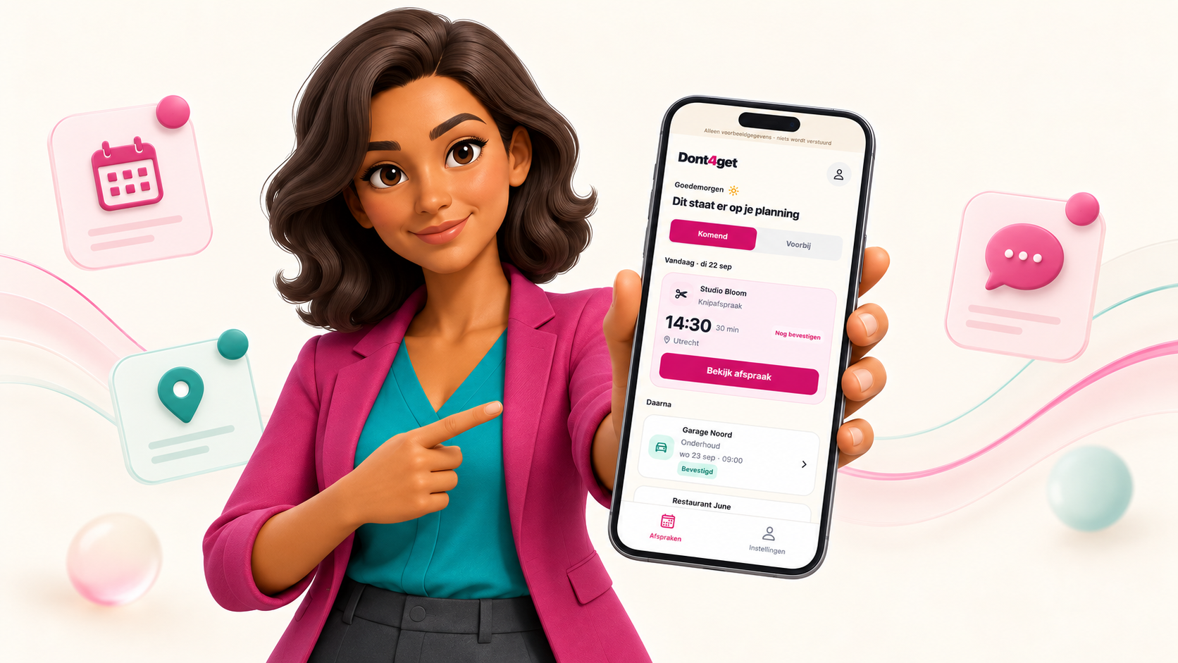 Mara laat de Dont4get-app zien met afspraken overzichtelijk op één plek.